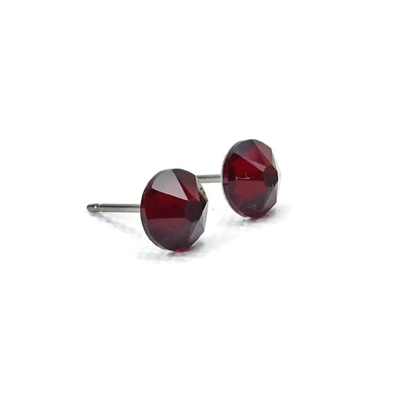 Garnet Red Studs Titanium Post Earrings, 6.5mm Deep Red Crystal Posts, Hypoallergenic Nickel Free Stud Earrings for Sensitive Ears image 1