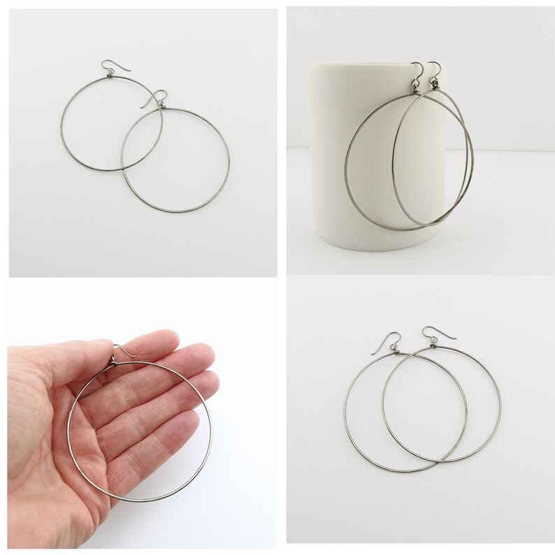 Large Dangle Niobium Hoops, Titanium Hoop Earrings for Sensitive Ears, Nickel Free Hypoallergenic Big Hoops, Silver Gray Niobium, image 7