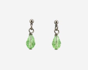 Peridot Drop Titanium Dangle Stud, Green Crystal Teardrop Studs, Hypoallergenic Nickel Free Posts, Titanium Post Earrings for Sensitive Ears