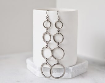 Long Drop Titanium Four Circle Earrings, 4 Cascading Dangle Hoop Niobium Earrings, Hypoallergenic Nickel Free Earrings for Sensitive Ears