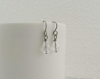 Clear Crystal Drop Titanium Earrings, Niobium Earrings for Sensitive Ears, Nickel Free Hypoallergenic European Crystal Teardrop Earrings