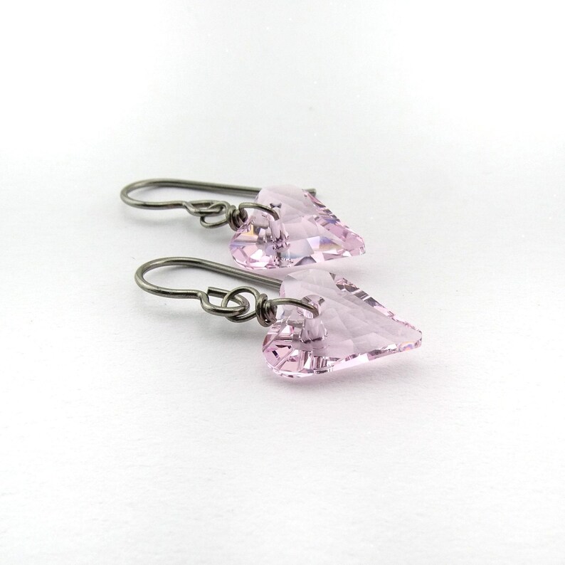 Rosaline Pink Heart Titanium Earrings, Love Heart Crystal Earrings, Niobium Earrings for Sensitive Ears, Hypoallergenic Nickel Free Earrings image 5