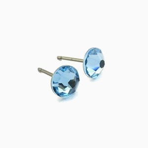 Aquamarine Studs Titanium Post Earrings, 6.5mm Aqua Blue Crystal Posts, Hypoallergenic Nickel Free Stud Earrings for Sensitive Ears