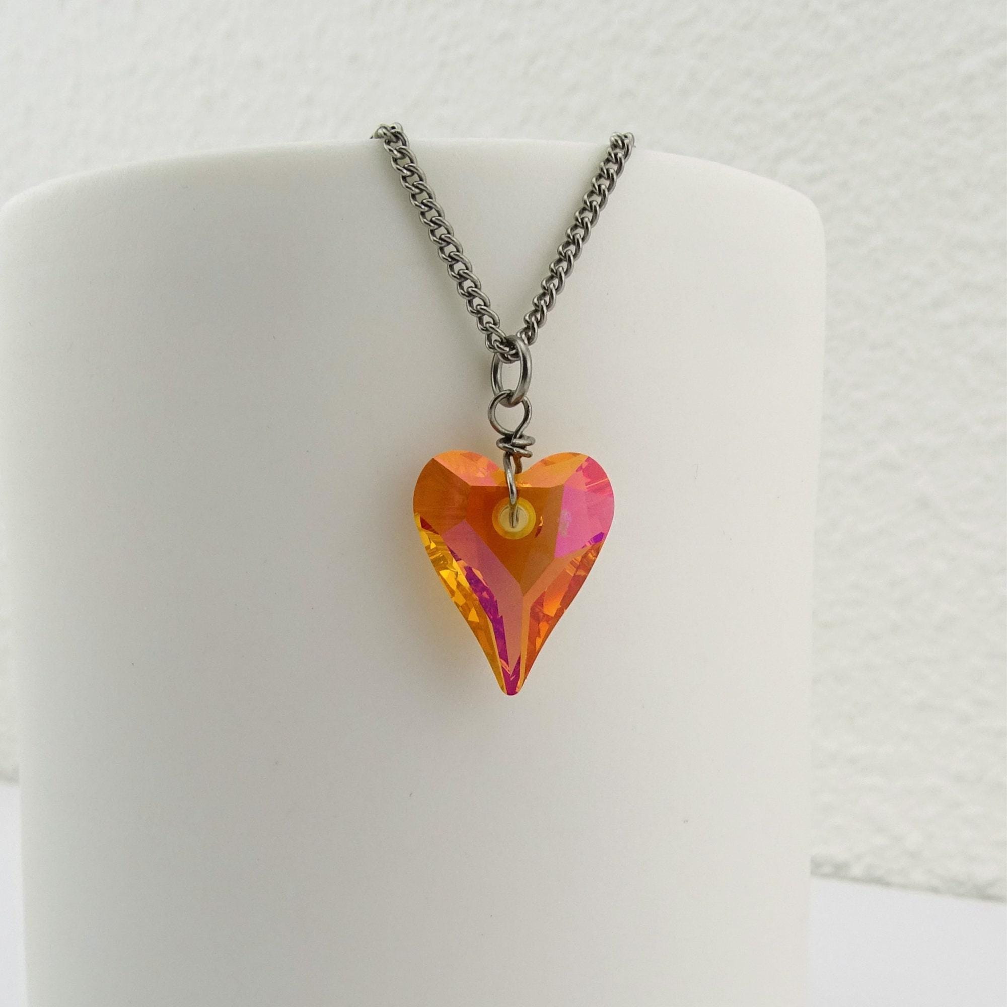 Orange Crystal Heart Titanium Necklace, Niobium Wire Wrapped
