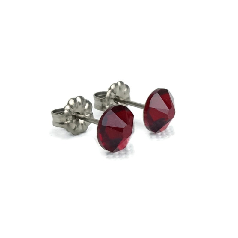 Garnet Red Studs Titanium Post Earrings, 6.5mm Deep Red Crystal Posts, Hypoallergenic Nickel Free Stud Earrings for Sensitive Ears image 4