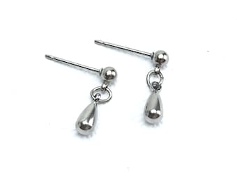 Dainty Teardrop Stud Titanium Earrings, Tiny Dangle Raindrop Titanium Ball Studs, Nickel Free Hypoallergenic Earrings, Sensitive Ears Post