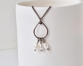 Titanium Teardrop Necklace with White Pearls, Niobium Wire Wrapped Freshwater Pearls, Hypoallergenic Nickel Free Necklace For Sensitive Skin