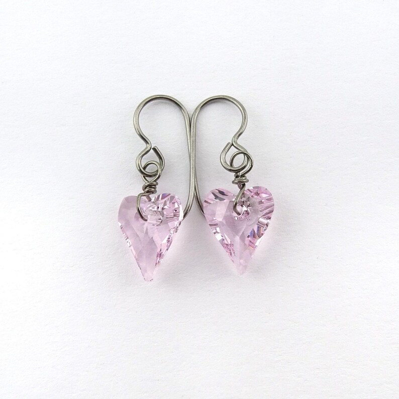 Rosaline Pink Heart Titanium Earrings, Love Heart Crystal Earrings, Niobium Earrings for Sensitive Ears, Hypoallergenic Nickel Free Earrings image 7