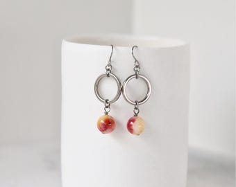 Mokalite Bead on Titanium Circle Earrings, White, Red, Yellow Gemstone Titanium Hoop, Hypoallergenic Niobium Earrings for Sensitive Ears