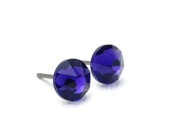 Purple Velvet Studs Titanium Stud Earrings, 6.5mm Crystal Nickel Free Post Earrings, Pure Titanium Hypoallergenic Posts for Sensitive Ears