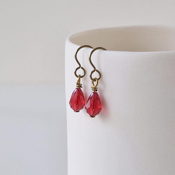 Ruby Red Crystal Drop Gold Niobium Earrings, Austrian Crystal