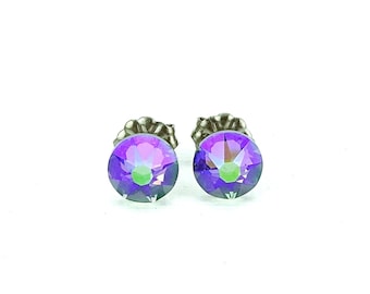 Paradise Shine Studs Pure Titanium Post Earrings, Purple Green Crystal Posts, Hypoallergenic Nickel Free Stud Earrings for Sensitive Ears