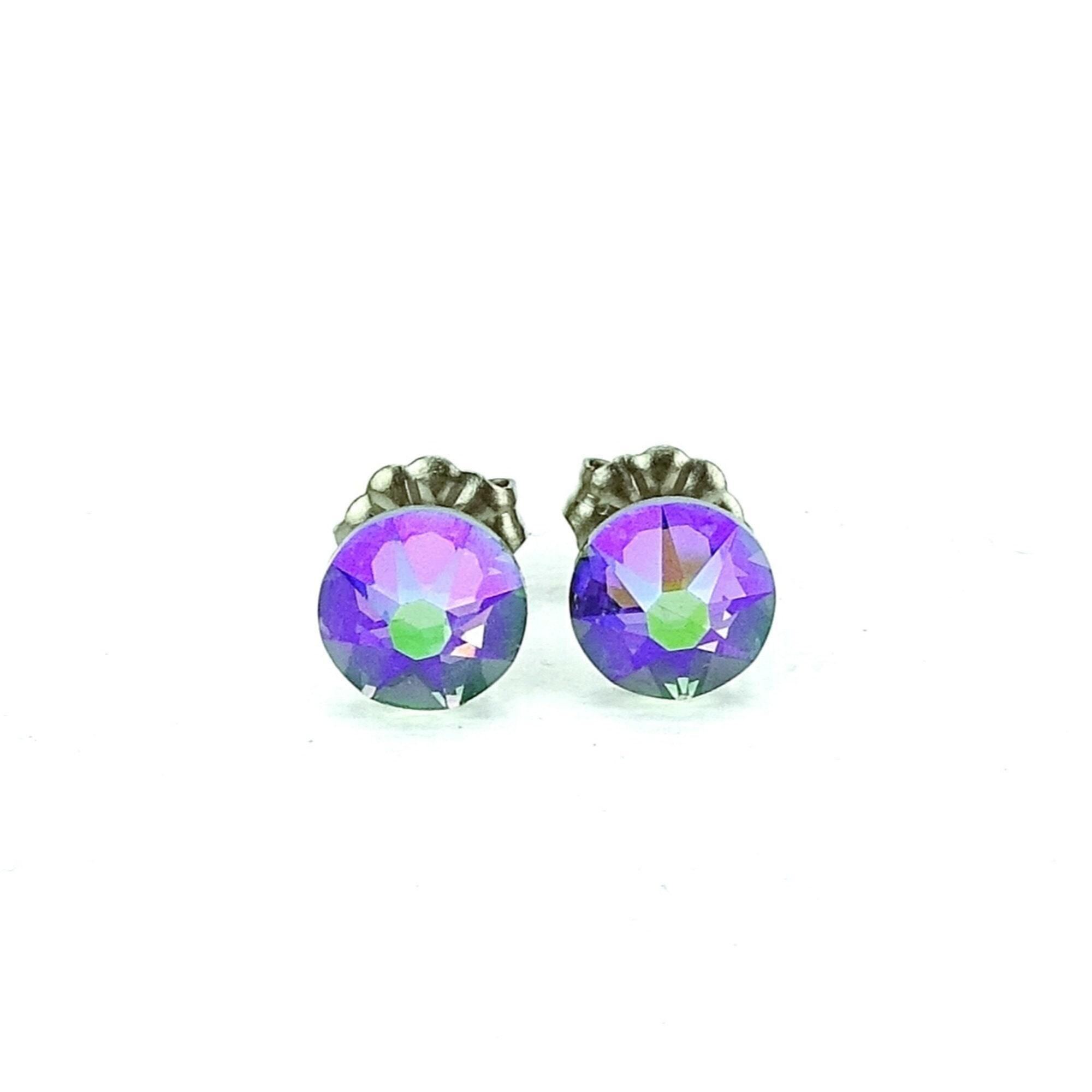 Paradise Shine Studs Pure Titanium Post Earrings, Purple Green Crystal Posts, Hypoallergenic Nickel Free Stud Earrings for Sensitive Ears