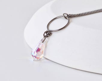 Aurora Borealis Crystal Teardrop Titanium Necklace, Titanium Chain for Sensitive Skin, Hypoallergenic Nickel Free Niobium Hammered Circle