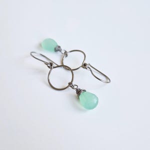 Mint Green Chalcedony Dangle Hoop Titanium Earrings, Niobium Wire Wrapped Green Gemstone Earrings for Sensitive Ears, Nickel Free Earrings