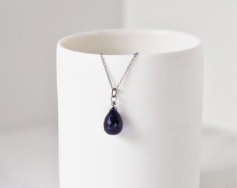 Kyanite Blue Quartz Teardrop Titanium Necklace, Niobium Wire Wrapped Sapphire Blue Gem Sensitive Skin Necklace , Hypoallergenic Nickel Free