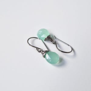 Mint Green Chalcedony Titanium Earrings, Niobium Wire Wrapped Green Gemstone Earrings for Sensitive Ears, Hypoallergenic Nickel Free