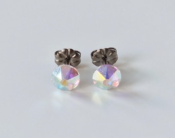 Aurora Borealis Stud Titanium Post Earrings, Clear Crystal Pure Titanium Studs, Hypoallergenic Nickel Free Earrings Posts for Sensitive Ears