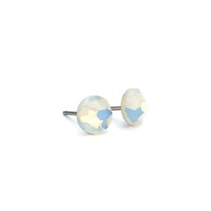 Titanium Opal Stud Earrings, White Opal Studs 6.5mm Crystal Titanium Posts, Hypoallergenic Nickel Free Post Earrings for Sensitive Ears
