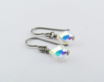 Aurora Borealis Crystal Teardrop Titanium Earrings, Niobium Wire Wrapped Raindrop Crystal Hypoallergenic Nickel Free Sensitive Ears Earrings