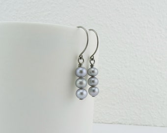 Triple Gray Pearl Niobium Earrings, Grey Freshwater Pearls Titanium Earrings, Hypoallergenic Hoop Nickel Free Earrings for Sensitive Ears