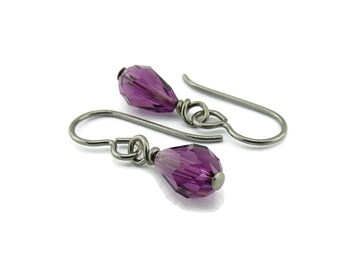 Amethyst Crystal Niobium Earrings Purple Austrian Teardrop, Nickel Free Hypoallergenic Drop Earrings, Titanium Earrings for Sensitive Ears