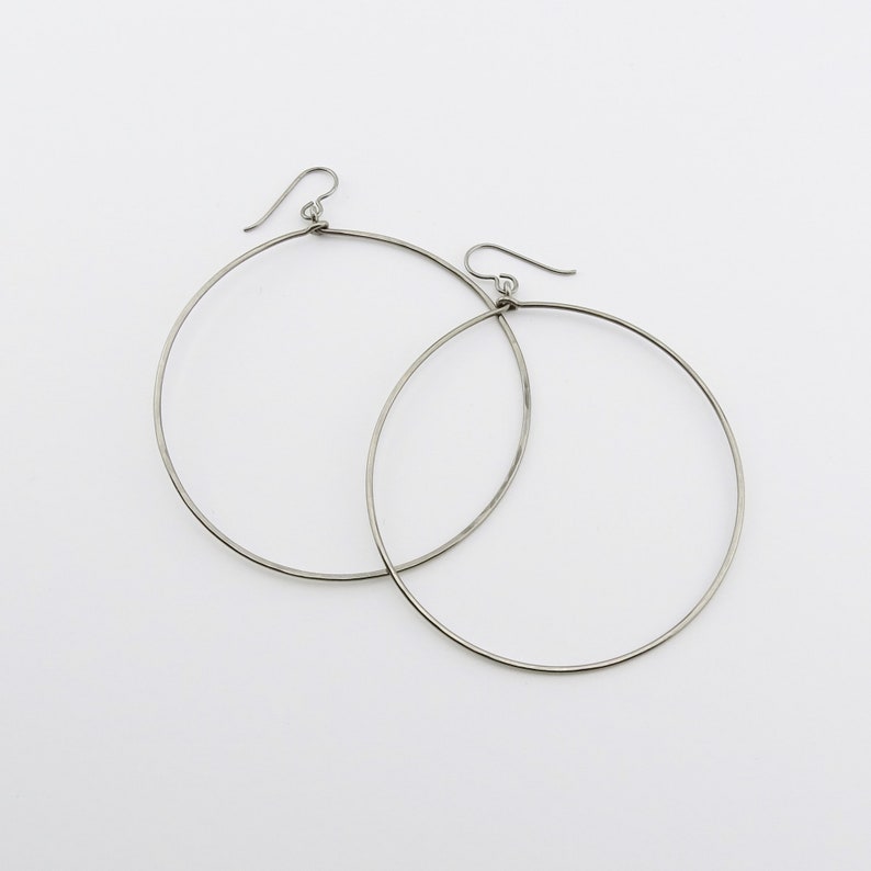 Large Dangle Niobium Hoops, Titanium Hoop Earrings for Sensitive Ears, Nickel Free Hypoallergenic Big Hoops, Silver Gray Niobium, image 1