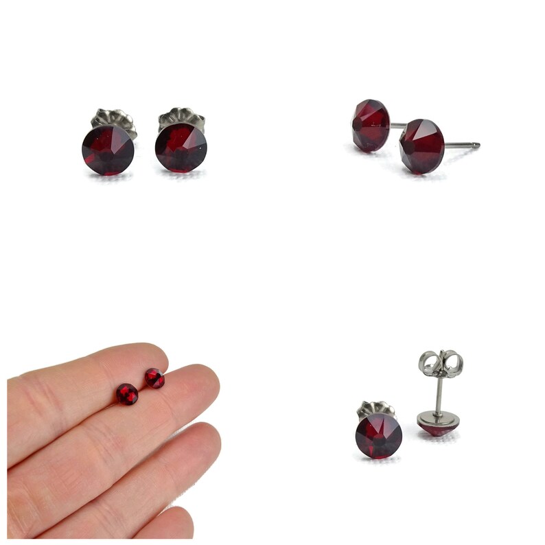 Garnet Red Studs Titanium Post Earrings, 6.5mm Deep Red Crystal Posts, Hypoallergenic Nickel Free Stud Earrings for Sensitive Ears image 7