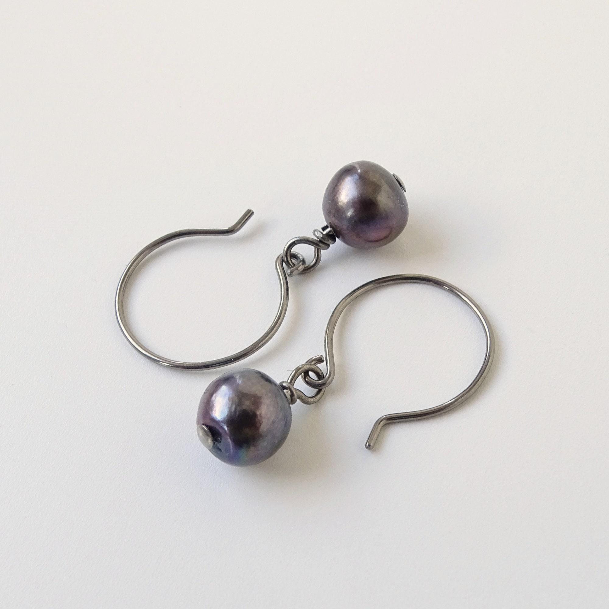 Black Pearl Earrings, Niobium Earrings, Freshwater Pearls Nickel Free Earrings for Sensitive Ears, Hypoallergenic Titanium Earrings