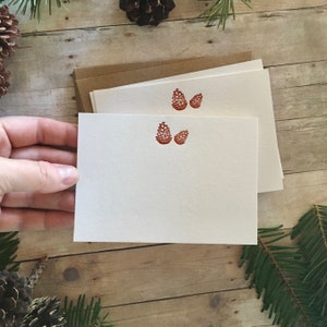 Woodland Pine Cone Letterpress Note Cards Set Of 4, Letterpress Printed on White Cotton Paper, Cards Measure 3.5&quot; x 5&quot;, Evergreen Stationary