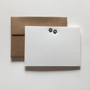 Cat Paw Prints Letterpress Note Cards Set of 4, Letterpress Printed on White Cotton Paper, Cards Measure 3.5" X 5", Pet Stationary Gift Set