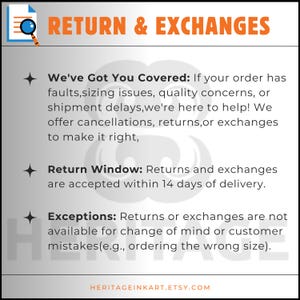 May include: A graphic with the text "RETURN & EXCHANGES" in orange. The text explains the return policy, including issues covered, the 14-day return window, and exceptions. The Etsy shop URL is at the bottom.
