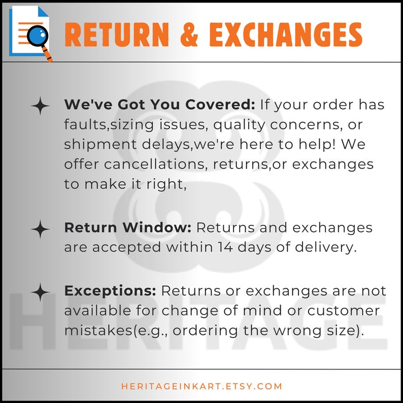 May include: A graphic with the text "RETURN & EXCHANGES" in orange. The text explains the return policy, including issues covered, the 14-day return window, and exceptions. The Etsy shop URL is at the bottom.