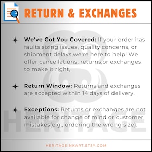 May include: A graphic with the text "RETURN & EXCHANGES" in orange. The text explains the return policy, including issues covered, the 14-day return window, and exceptions. The Etsy shop URL is at the bottom.