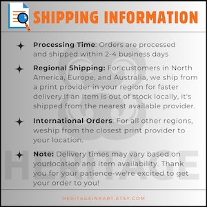 May include: A white background with the words "SHIPPING INFORMATION" in orange. The text describes processing time, regional shipping, and international orders. The Etsy shop URL is at the bottom.