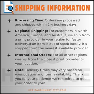 May include: A white background with the words "SHIPPING INFORMATION" in orange. The text describes processing time, regional shipping, and international orders. The Etsy shop URL is at the bottom.