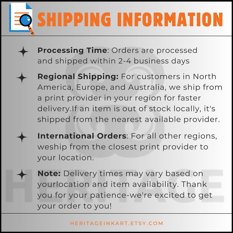 May include: A white background with the words "SHIPPING INFORMATION" in orange. The text describes processing time, regional shipping, and international orders. The Etsy shop URL is at the bottom.