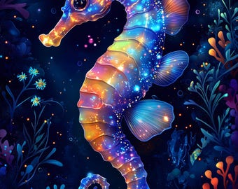 Biolumineszierendes Seepferdchen Kunstdruck Set - Fantasy Ocean Decor (Digitaler Download)