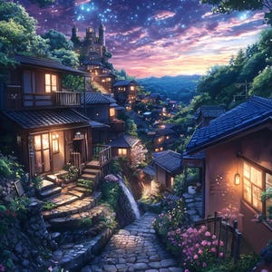 Conjunto de impresiones de un pueblo de fantasía en un bosque encantado: 5 descargas digitales con IA para decoración del hogar, escenas nocturnas mágicas y casas iluminadas con faroles.