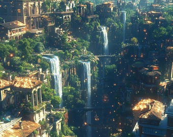 Conjunto de impresiones artísticas de Ciudad Flotante: Paisaje surrealista de cascada (descarga digital)