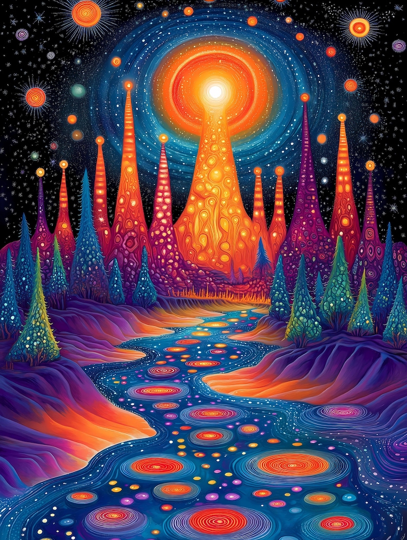 Psychedelic Landscape Art Print Set: Surreal Cosmic River (digital ...