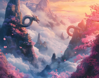 Dragon Fantasy Art Print: Oriental Cherry Blossom Landscape (Digital Download)