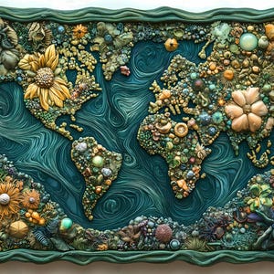 Conjunto de impresiones de dioramas de mapas del mundo intrincados: 5 descargas digitales de esculturas en relieve inspiradas en la naturaleza con IA, con flores en verde esmeralda, verde azulado y amarillo.