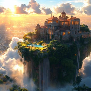 May include: A large, white stone mansion with a red roof sits on a floating island in the clouds. The island is covered in lush green trees and has a small pool of water. The sky is a vibrant orange and yellow, with fluffy white clouds.