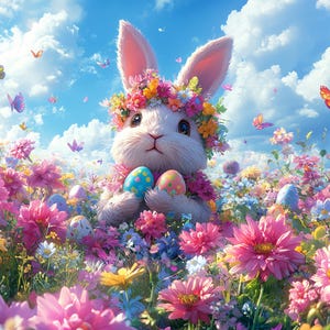 Set de arte imprimible de conejito de Pascua con IA: 5 descargas digitales, arte floral primaveral de conejo, adorable conejito con huevo, decoración colorida de Pascua