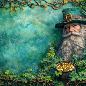 May include: A green leprechaun with a long white beard and a green hat with a gold buckle. He is holding a pot of gold coins. The background is a green and brown textured surface with vines and green leaves.