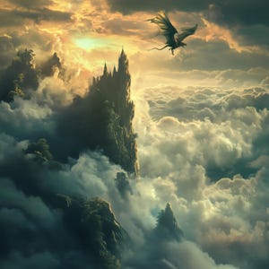 May include: A black dragon flies over a mountaintop castle with a dramatic sky in the background. The castle is surrounded by clouds and the dragon is flying towards the viewer.
