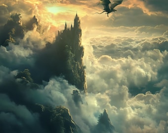 Dragon Fantasy Landscape Art Print: AI Generated Digital Download