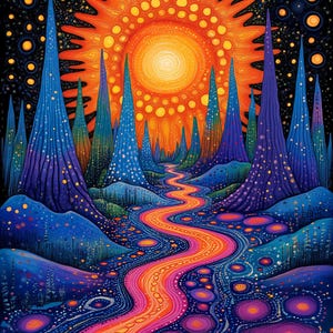 May include: A psychedelic digital painting of a winding orange river flowing through a landscape of blue and purple mountains, with a large orange sun in the background.