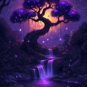 Árbol de fantasía morado encantado con IA - Set de impresiones de flores brillantes - 5 descargas digitales - Decoración de pared, cascada, noche de luna y estrellas